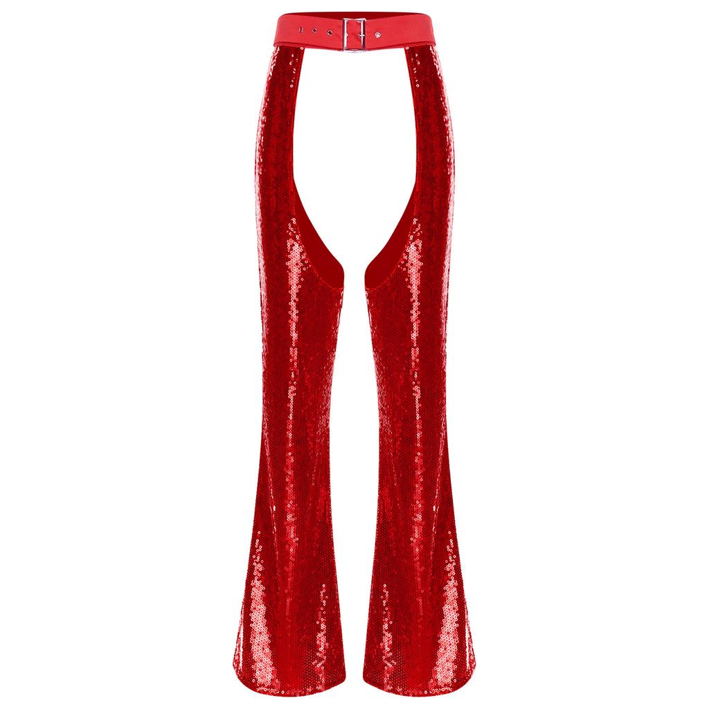 Damskie Halloweenowe Błyszczące Sequiny Koniarskie Chapsy Regulowany Pas Krocze Wycięte W Pełni Podszewka Rozszerzane Spodnie