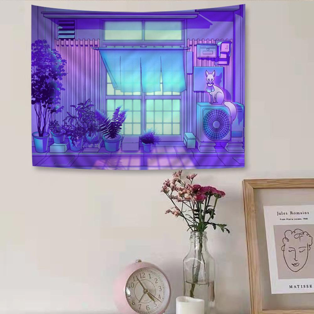 80S Vaporwave Style City Night Street Cat Cartoon Tapestry Wall Hanging Decoration Household Home Decor
