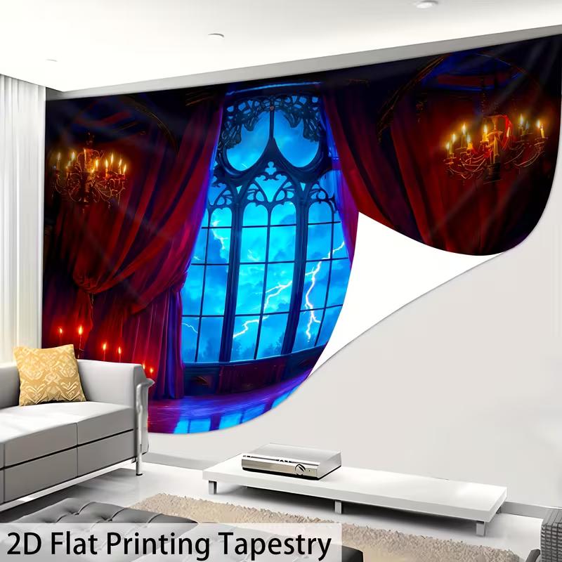 2D Dark Storm Night Tapestry Gothic Window Lightning Wall Background Cloth