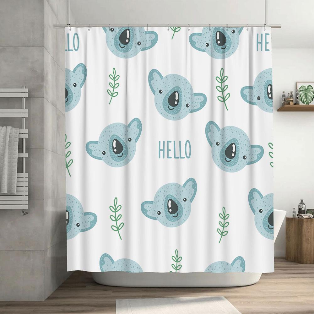 Adorable Koala Blue Shower Curtain Set for Bath Decoration Hello Text Green Branches Pattern Home Decor Waterproof Fabric 72''x8