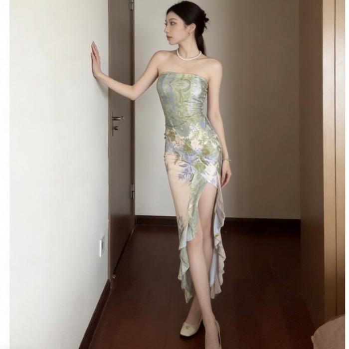 Pure desire wind tube top green smudge printing dress waist and thin split lotus leaf edge temperament long hip skirt