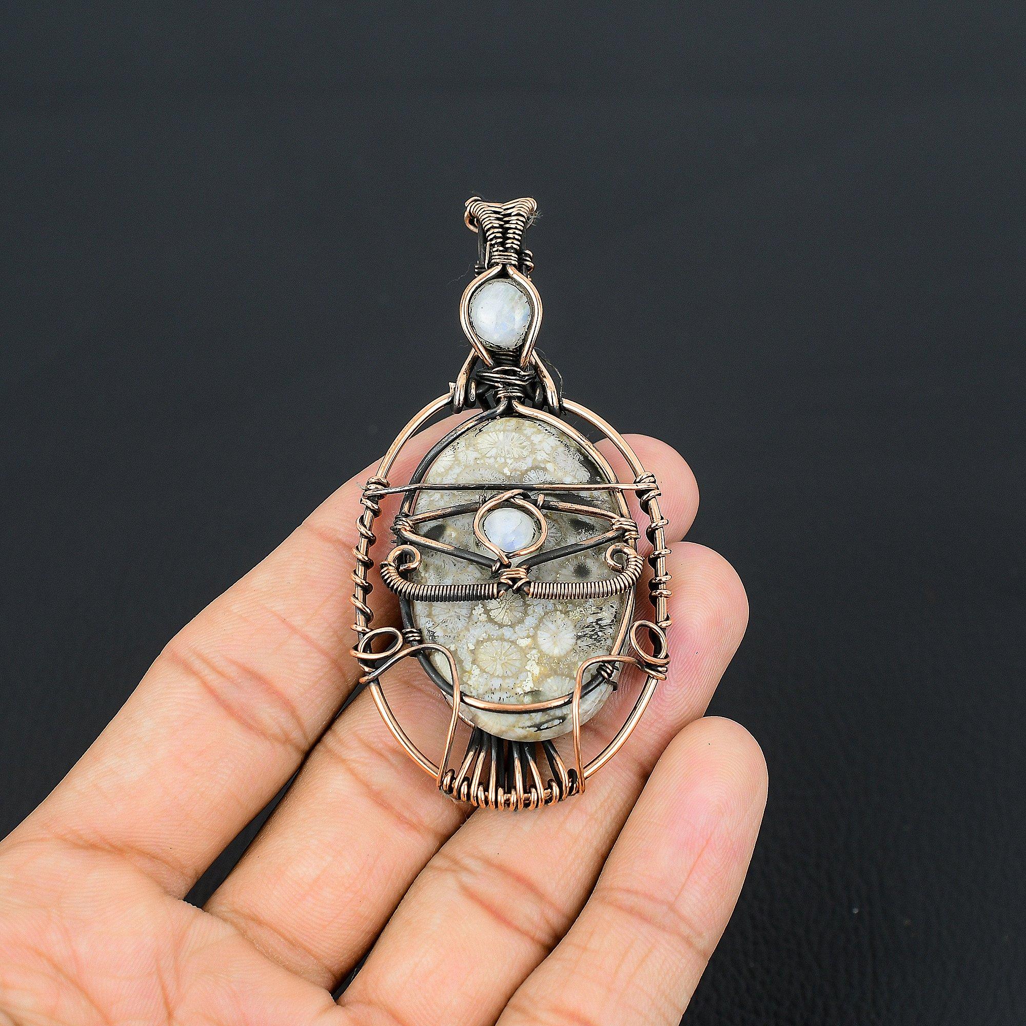

Fossil Coral & Rainbow Moonstone Pendant, 999 Copper Wire Wrapped Jewelry, Gemstone Pendant, Gift For Her Handmade Dainty Jewelry 2.55 Inches