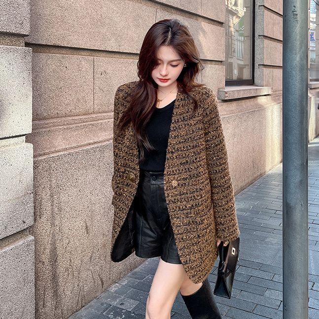 Women Tweed Jacket Premium Knitted Wool Blend Mid Long Coat Fashion Outerwear