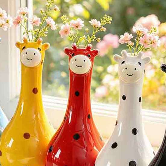 Multifunctional Resin Art Cute Polka Dot Giraffe Vase, Hand-painted Flower Creative Big-mouthed Animal Shaped Floral Container Holder for Home Living