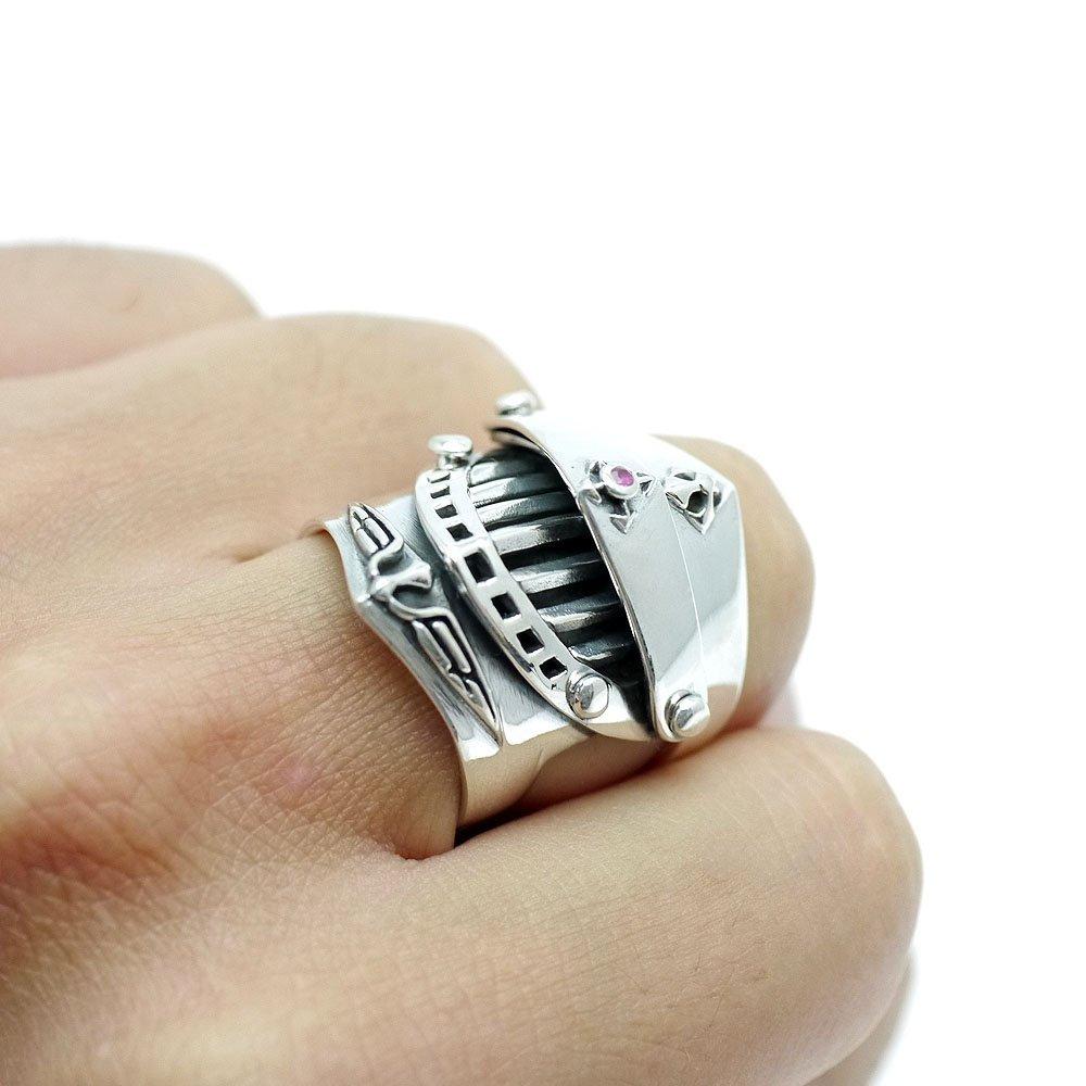 Silver One si Medieval Armor Ring for 925 Sterling Silver with One Size Fits Sizes Men, Garnet, All, 15-23