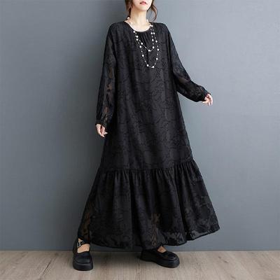 Long Sleeve Plus Size Jacquard Vintage Floral New In Dresses for Women Casual Loose  Spring Autumn Dress