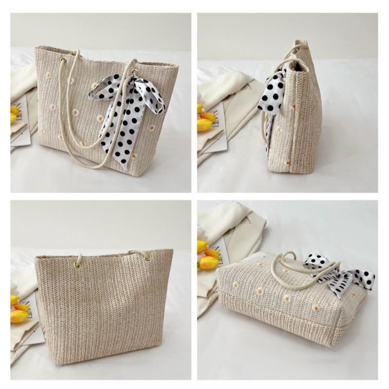 2026 New Straw Bag with Silk Scarf Single Shoulder Handbag Large Capacity Simple Tote Bag for Women Trendy Vacation Beach Bag