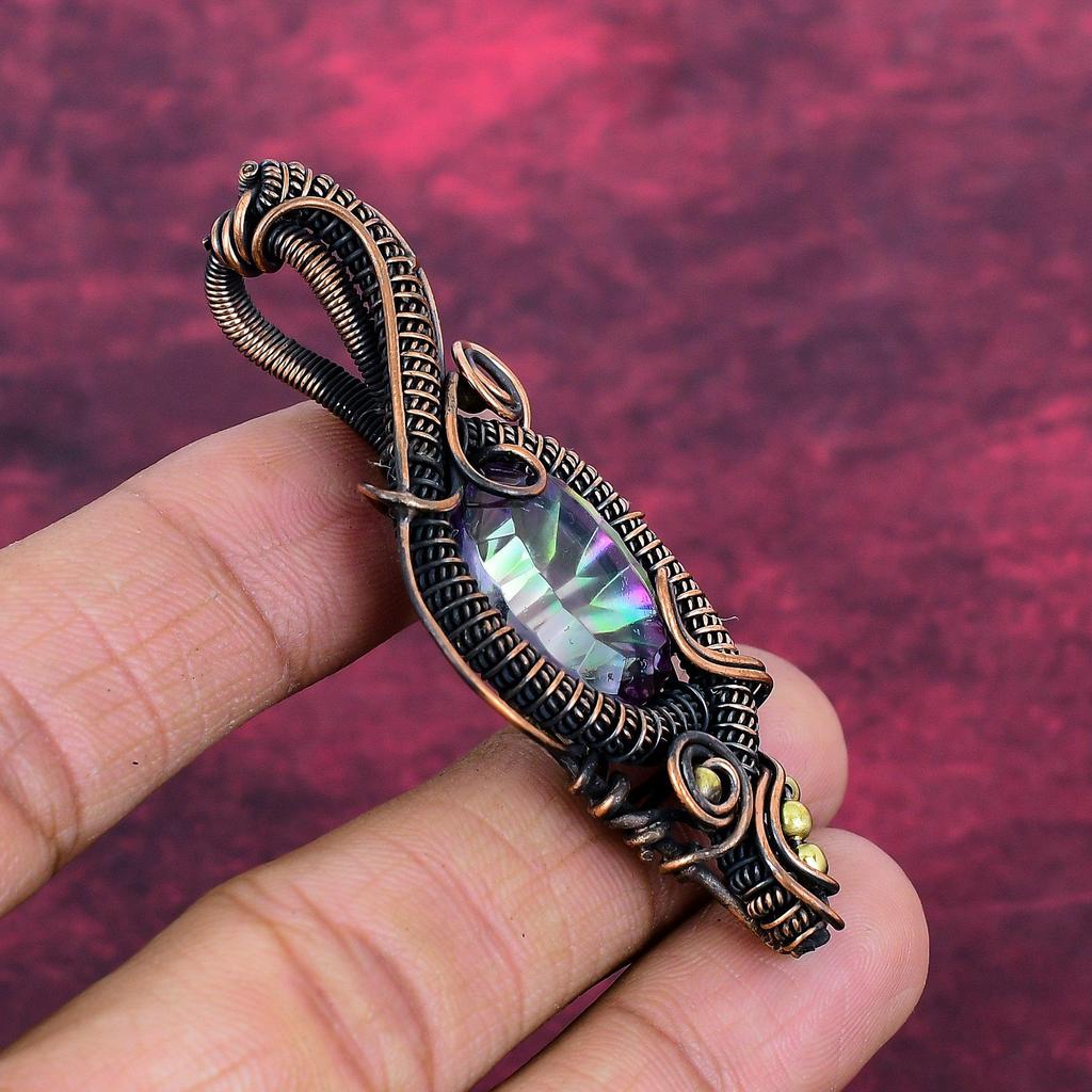 Rainbow Mystic Topaz Pendant Copper Wire Wrapped Jewelry Dainty Gemstone Pendant