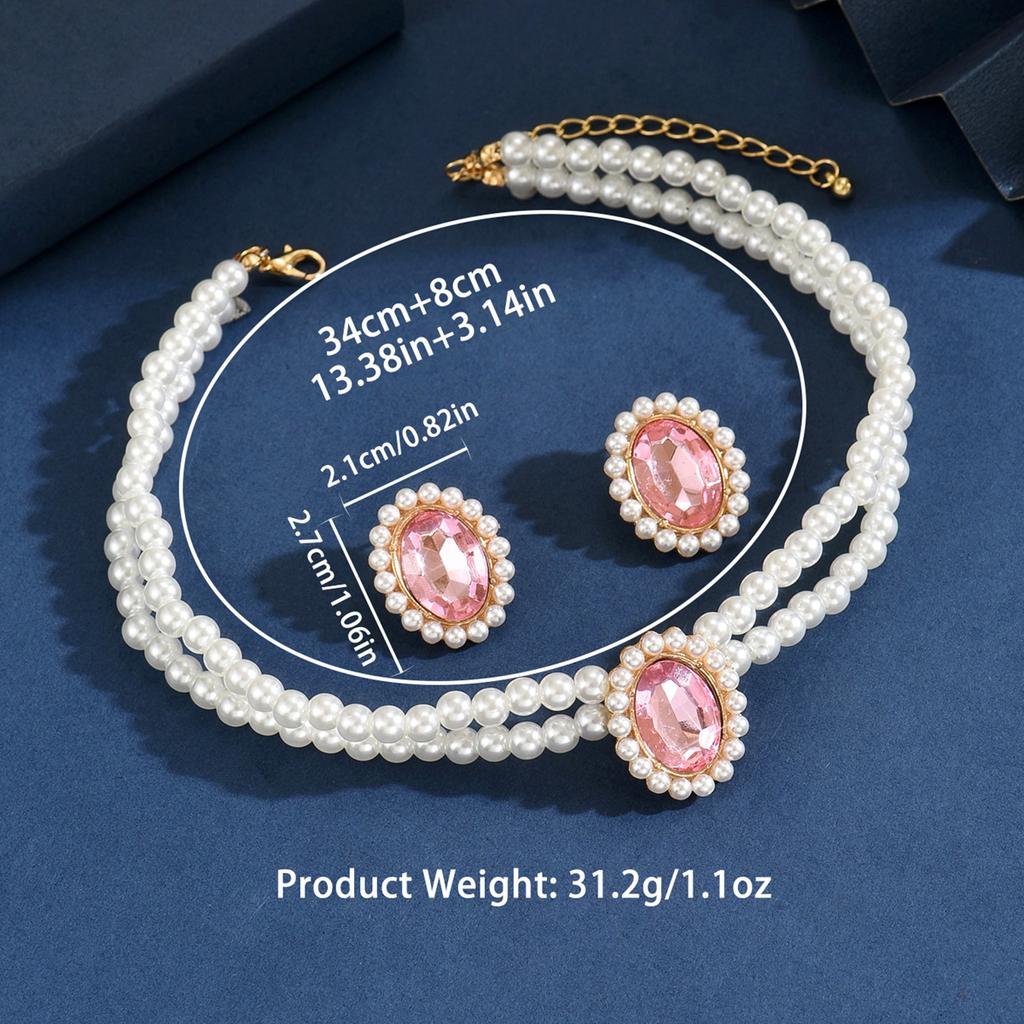 3PC Women's Fashion Imitation Pearl Geometric Set Necklace Earrings Zircon Set Lightly Designed Holiday Gift