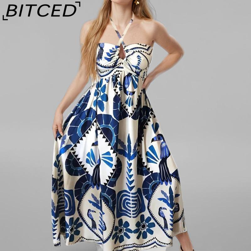 

BITCED Женское элегантное платье с цветочным принтом, модное кружевное на шнуровке, с вырезом халтер, свободного кроя, на весну XXXL синий/белый