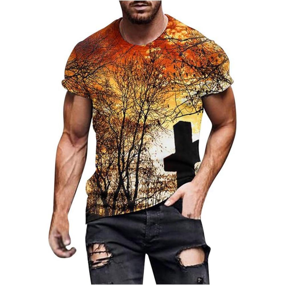 3D digitally printed men's T-shirt, casual crew neck short sleeves