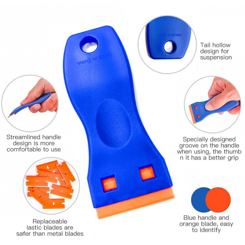 Plastic Razor Scraper Tool with 10 Replacement Blades | Scratch-Free Multi-Purpose Adhesive Remover for Hair Extensions, Phone Screen Repair, Window T