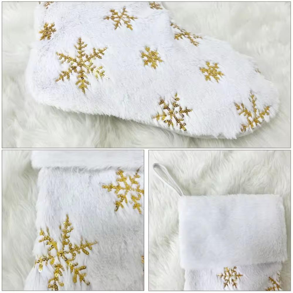 Snowflake Embroidery White Christmas Stocking Sequined Santa Gift Pocket  New Year