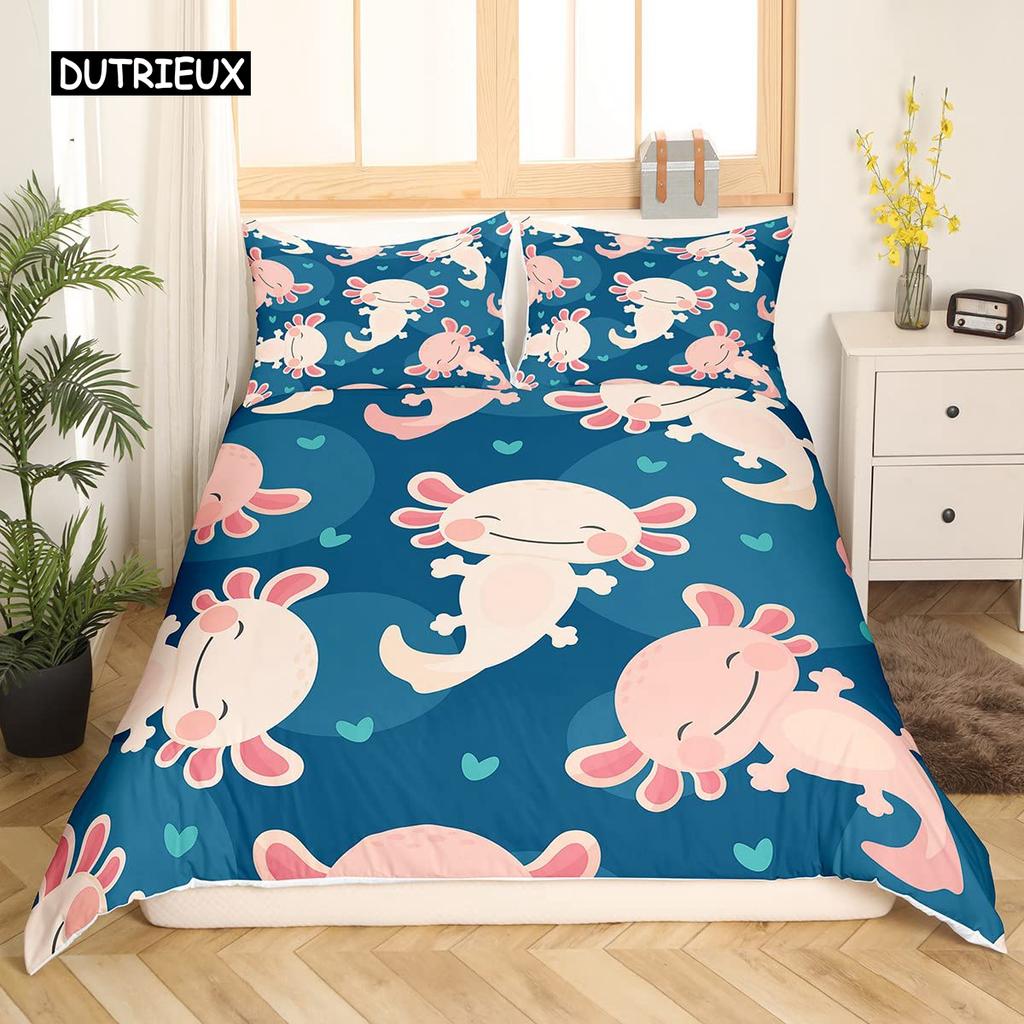 Axolotl Duvet Cover Set Pink Newt Wildlife Comforter Cover with Pillowcases Cartoon Octopus Animal Kawaii Style Twin Quilt Cover