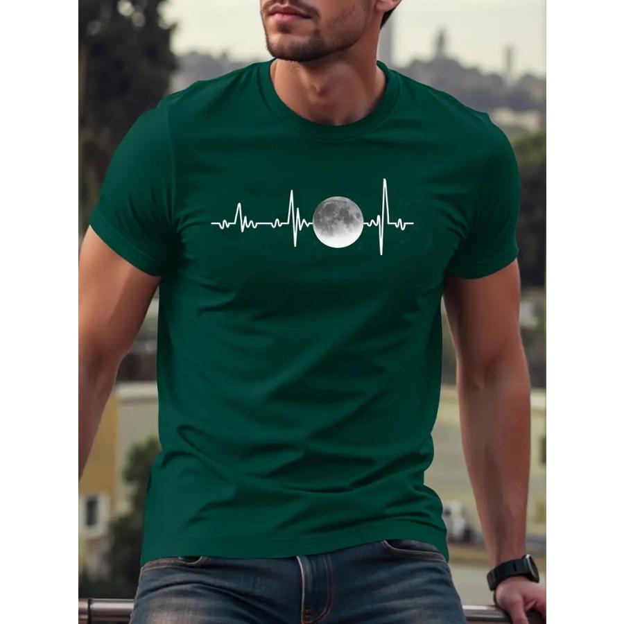 

Men s ECG & Moon Print Cotton T-Shirt - Casual, Breathable Crew Neck Tee for Casual Attire 3XL вина червоного кольору