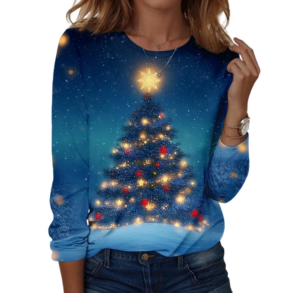 Women's Fashion Christmas Print Crewneck Long Sleeve Pullover Top for Holiday Party