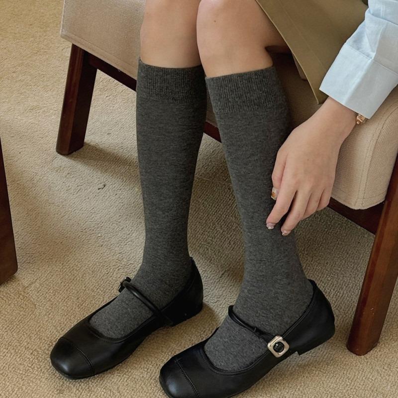 

White Socks Women s Solid Color Seamless Cotton Knitted Stockings Autumn/Spring Knee High Sock JK Retro Long Compression Socks EU 34-39 темно-сірий