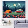 Sfondo Avventura 2D Campeggio con Tenda Arancione Furgone Retrò Sfondo Fiori di Campo per Servizio Fotografico