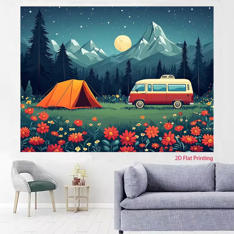 Sfondo Avventura 2D Campeggio con Tenda Arancione Furgone Retrò Sfondo Fiori di Campo per Servizio Fotografico