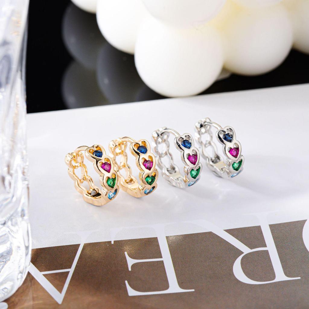 Colorful Zircon Heart Stud Earrings - Rainbow Rhinestone Heart-Shaped Earrings for Women Jewelry