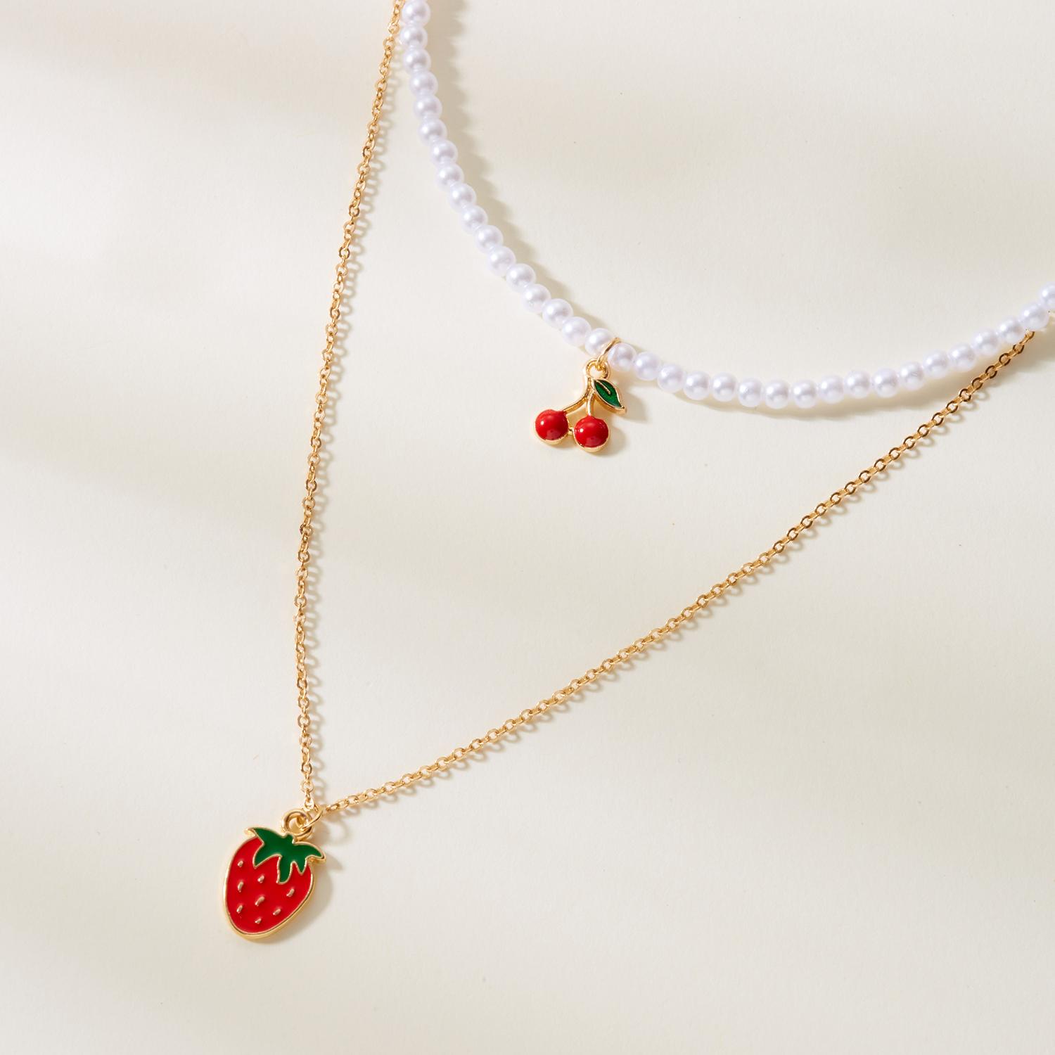 Romantic Lovely Pink Strawberry Bow Pendant Necklace Set for Women Cute Heart Butterfly Rice Bead Chain Necklace Party Jewelry