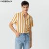 INCERUN Men Summer Lapel Neck Short Sleeve Striped T-shirts Buttons Up Shirts Tops