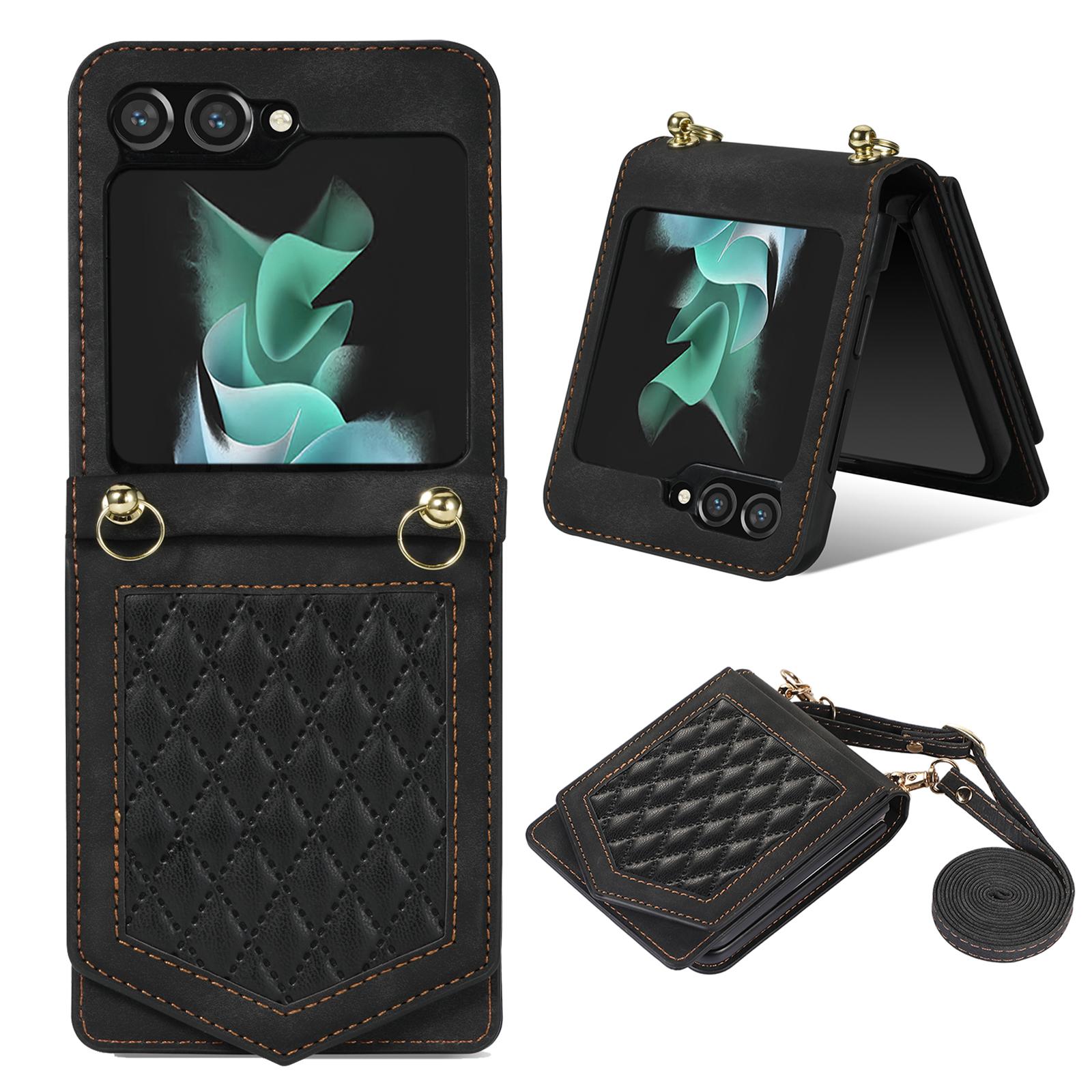 

For Samsung Galaxy Z Flip5 5G RFID Blocking Phone Case PU Leather+PC Card Slot Cover with Makeup Mirror/Shoulder Strap Black