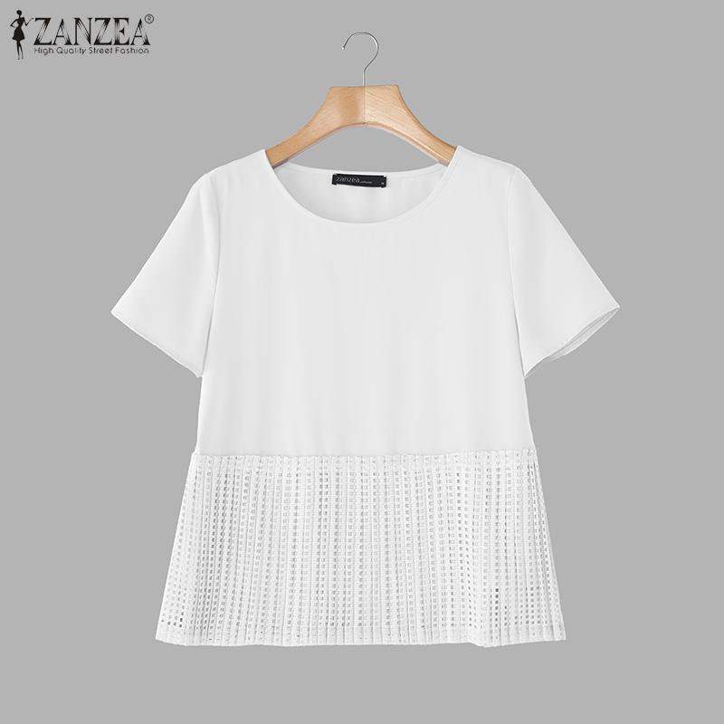 ZANZEA Women Casual Round Neck Summer Patchwork Short Sleeve Blouse