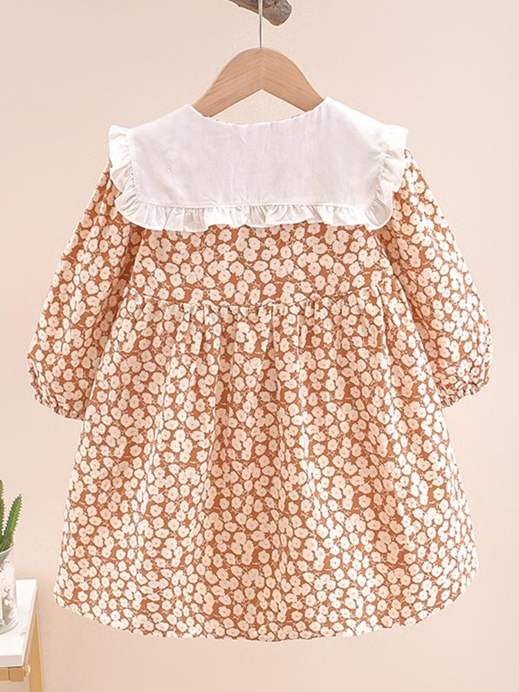 2025 Girls' Floral Princess Long Dress with Peter Pan Collar – Trendy Spring/Autumn Fashion