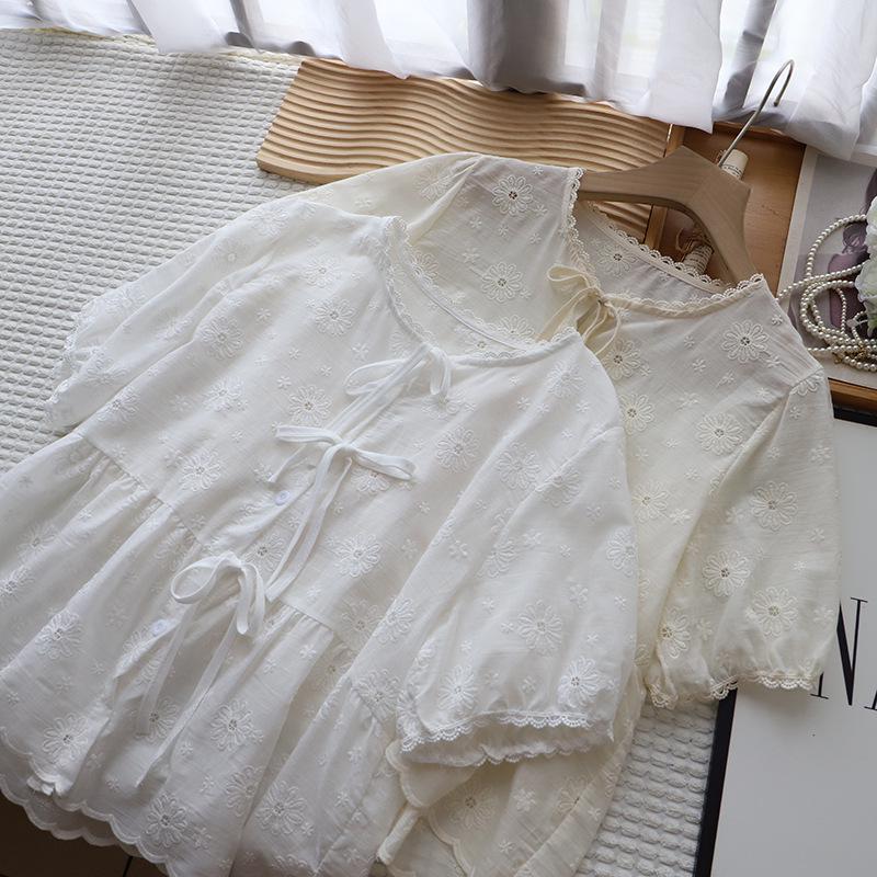 Bi Zheng 2025 Hollow Lace Puff Sleeve Embroidered Shirt for Women