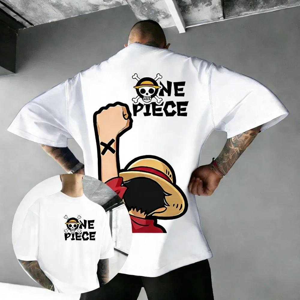 Stylish Casual White One Piece Monkey D. Luffy Fist Pump Anime Print Cotton Short-Sleeve T-Shirt 4XL