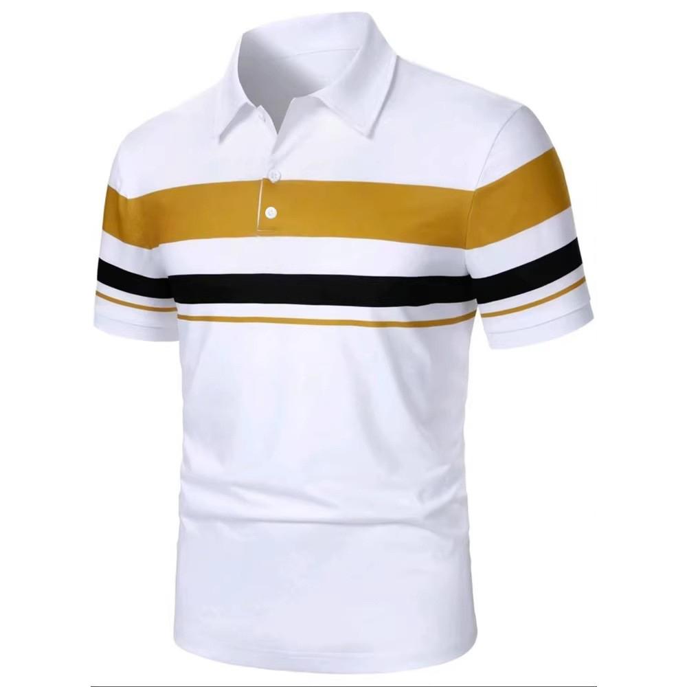 Summer Men New Short Sleeve Stripe Polo Shirt Men Business Casual Lapel Golf Polo Shirt Tops 100% Polyester