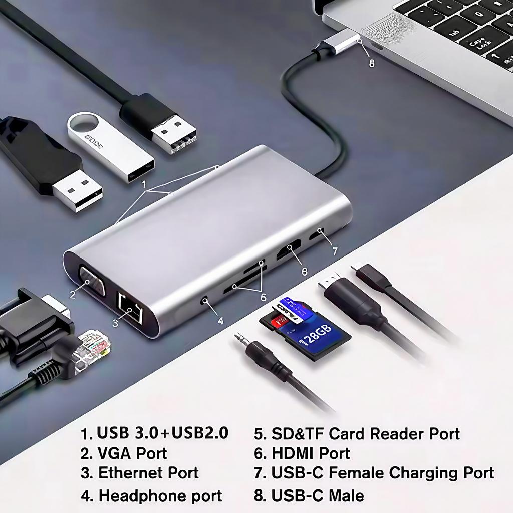 11-in-1 USB3.0 for HDMI Hub with Fast Charge USB-C RJ45 100M SD TF AUDIO3.5mm 4K VGA for 11 1 Hub