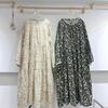 Spring Mori-Style Floral Slimming Pleated Dress, Loose Plus Size, Cotton Linen Long Sleeve