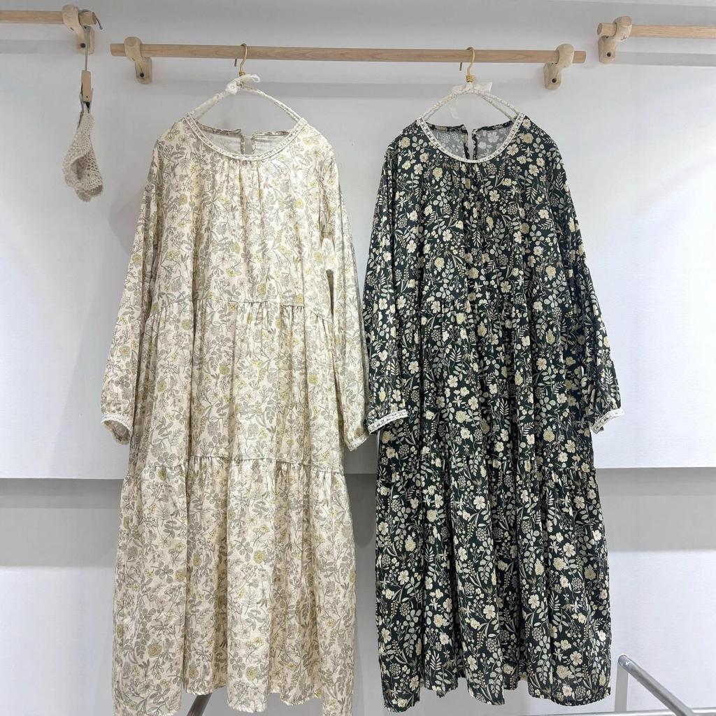 Spring Mori-Style Floral Slimming Pleated Dress, Loose Plus Size, Cotton Linen Long Sleeve