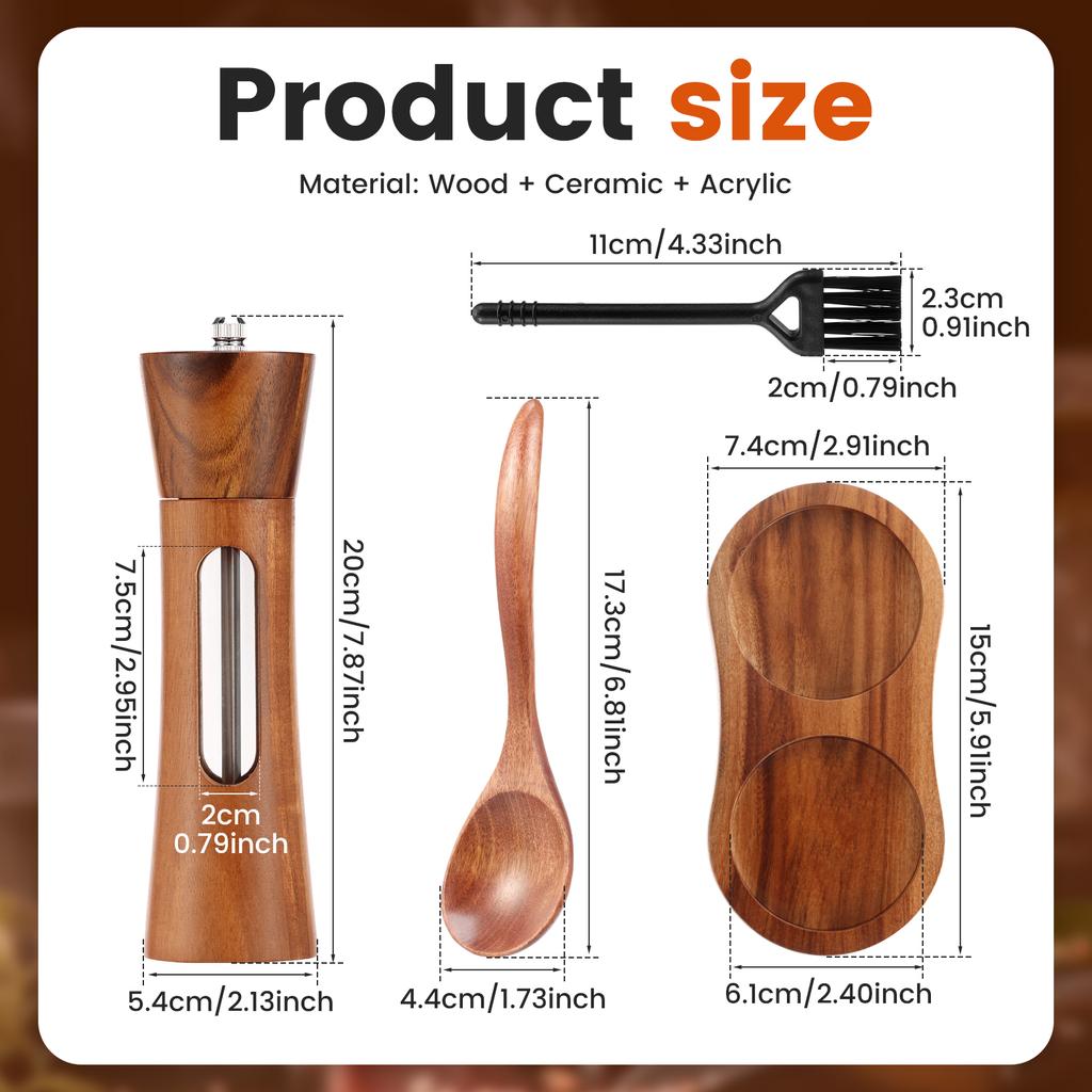 1 Set Manual Salt and Pepper Grinder Wooden Adjustable Coarseness Multi-purpose Spices Grinder 7.87 Inch Salt Pepper Grinder Set