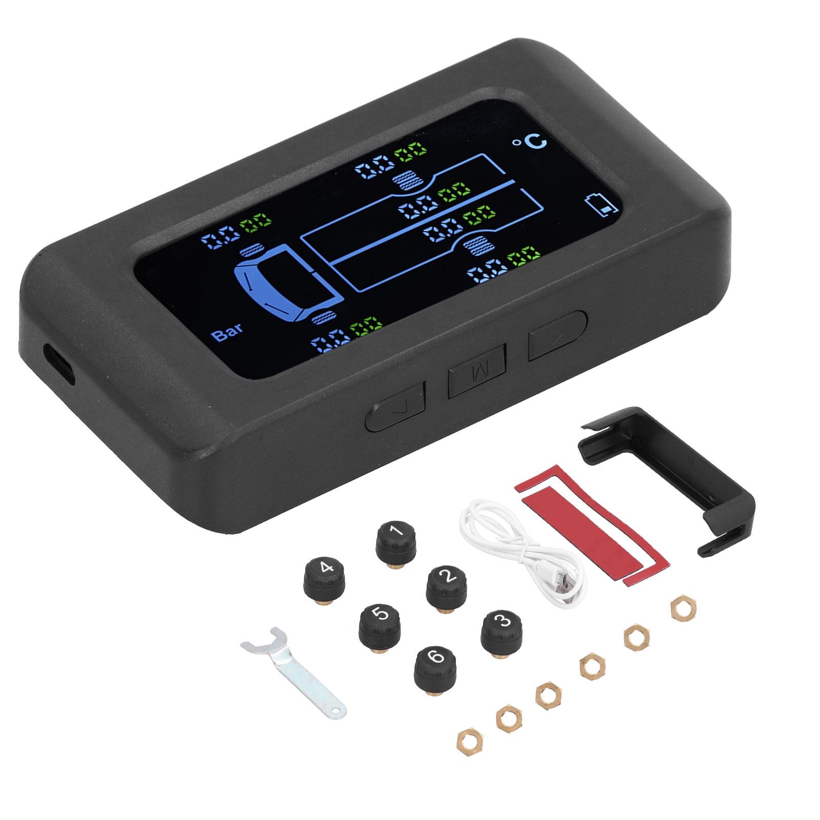 

Universal Tire Pressure Monitor Solar USB Charging 0 8.5bar 122PSI Truck TPMS with 6 External Sensors