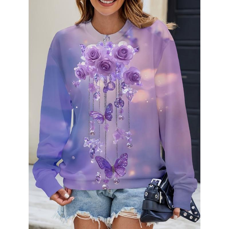 Neues Damen Buntes Schillerndes Blumenmuster Rundhals Sweatshirt Leicht Bequem Lässig Locker Übergröße Langärmliger Pullover