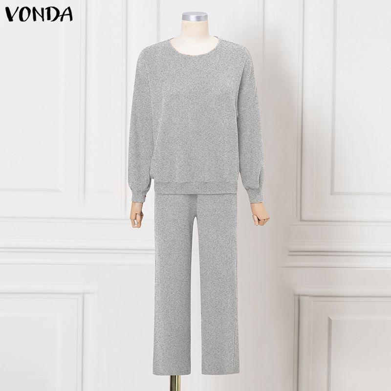 

VONDA Весенне-осенние женские наряды, костюмы-двойки: трикотажная блузка в рубчик с длинным рукавом и брюки 5XL серый