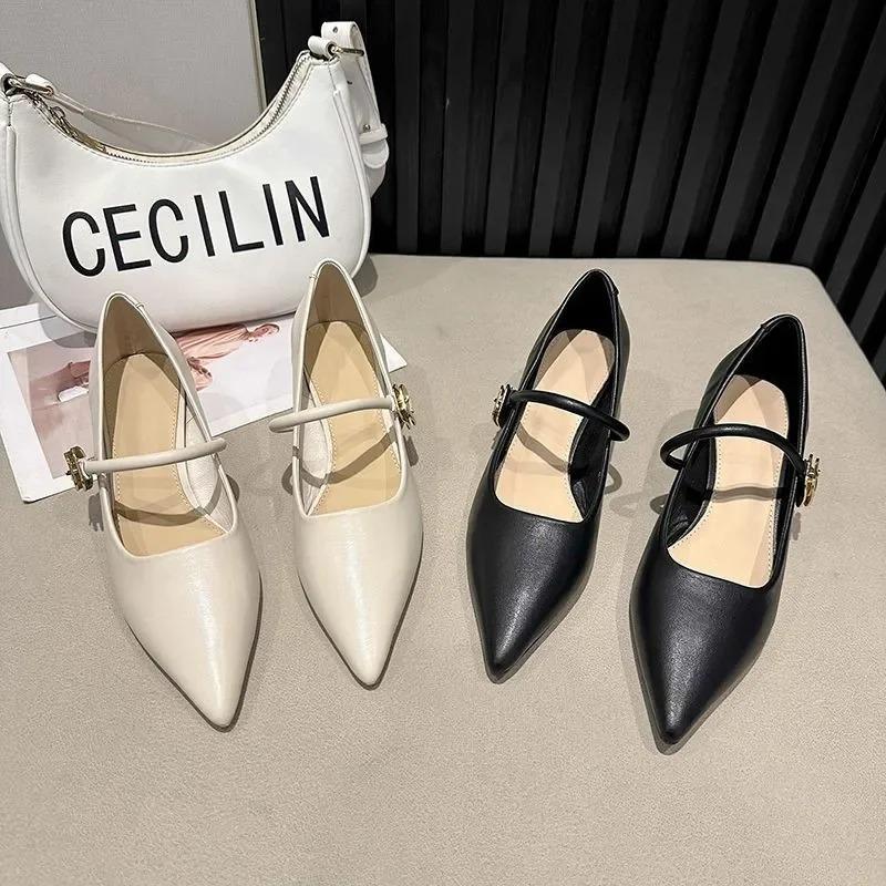 Vår Ny Mode Spetsig Tå Mjuk Enkel Spänne Högklackade Pumps Dam Enfärgad Kontor Bekväma Arbetsskor Kvinna Zapatos