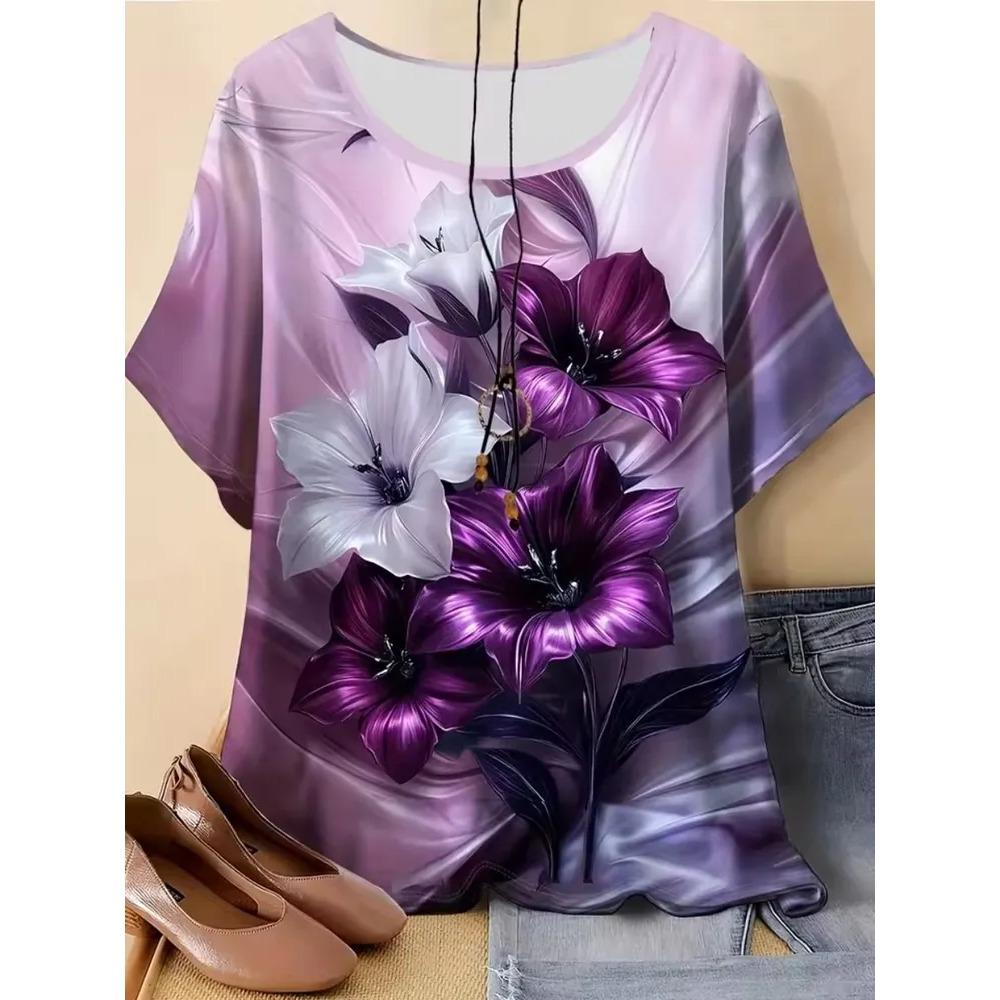 Dames T-shirt 3D Patroon Gedrukt Casual Korte Mouw Ronde Hals Top Modieuze Straat Dameskleding