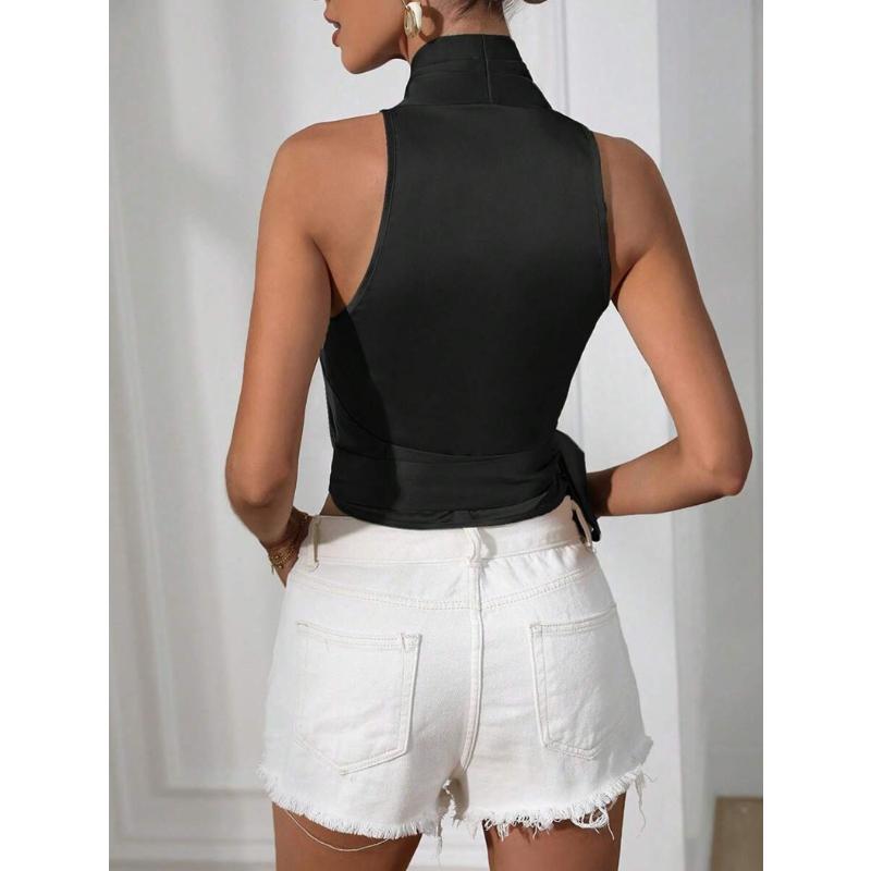 Top da Donna Primavera Estate in Raso con Scollo all'Americana Sexy Incrociato con Laccio Laterale Senza Maniche Corto Elegante per Festa e Lavoro