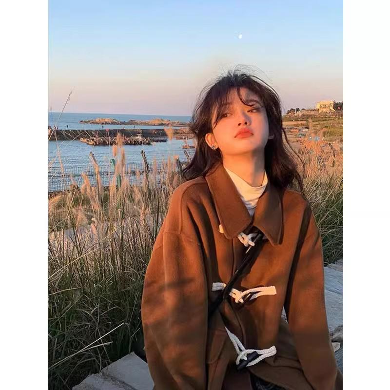 Women's Black Oversized Short Duffel Coat - 2024 Korean Style Autumn/Winter Collection