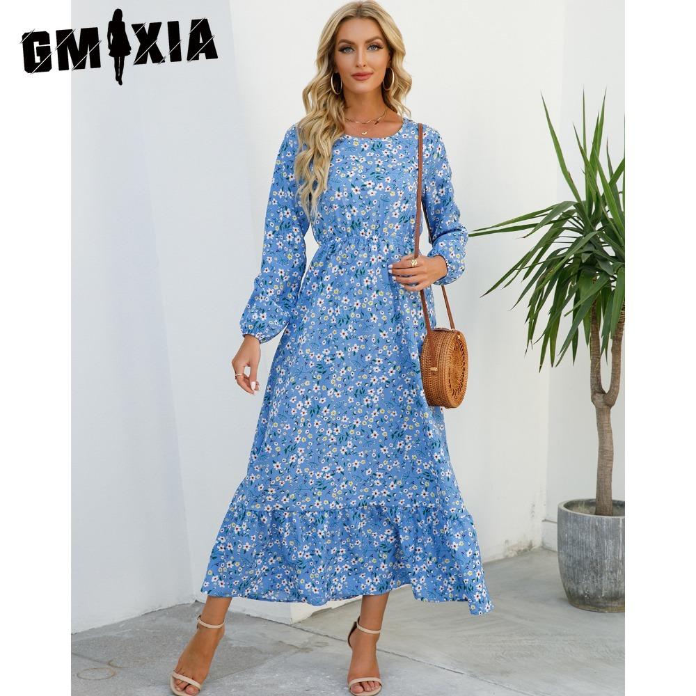 GMXIA Spring Summer Bohemian Women Maxi Dress Casual Long Sleeve High Waist Beach Dress Women Floral Chiffon Dresses Vestidoes Mujer New