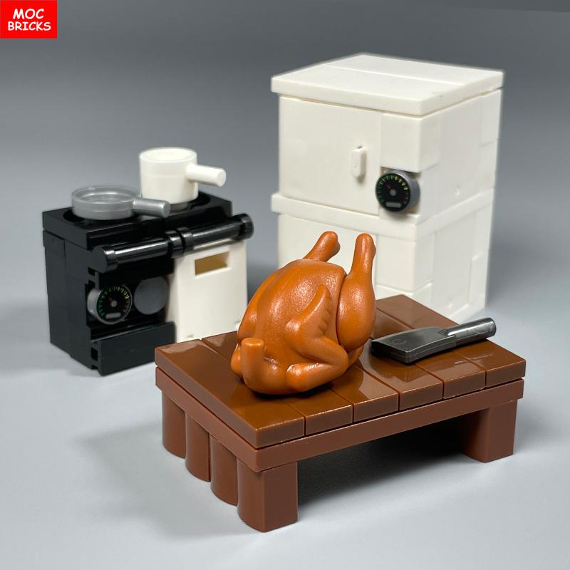 MOC Blocks Kitchen Cabinet Tableware Tool Coffee Maker Machine Water Dispenser Cooking Bench Learning Construction Block Children Toy