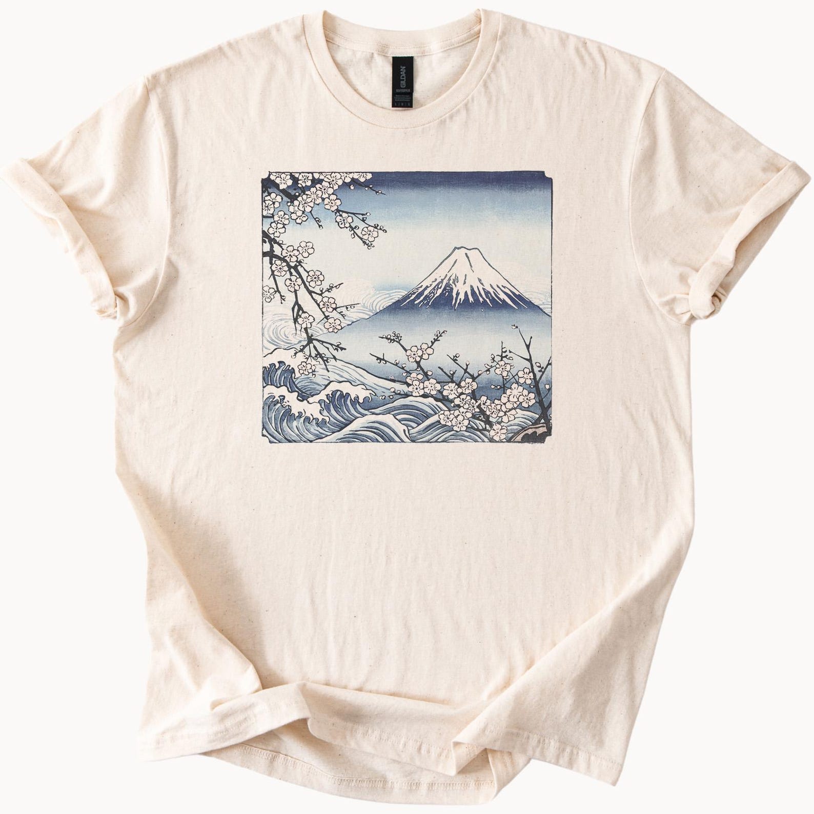 Mount Fuji Waves Cherry Blossoms Japan Art T-Shirt Japanese Ukiyo-e Tee 120