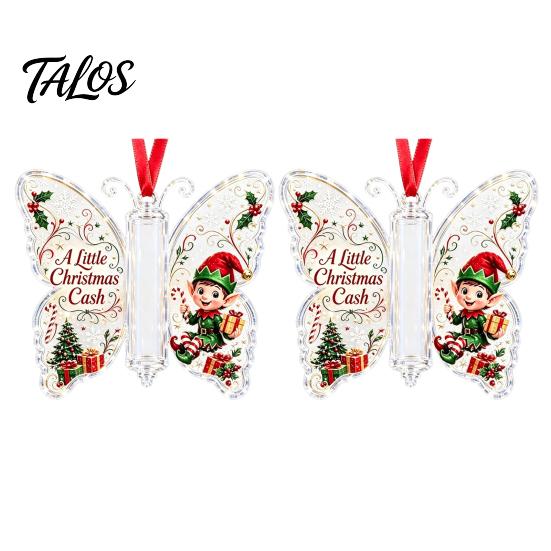 Acrylic Holiday Hanging Decor Butterfly Cash Gift Ornament, Christmas Money Holder with Tree Tags Festive Print, Pendant for Surprise Giving, Keepsake