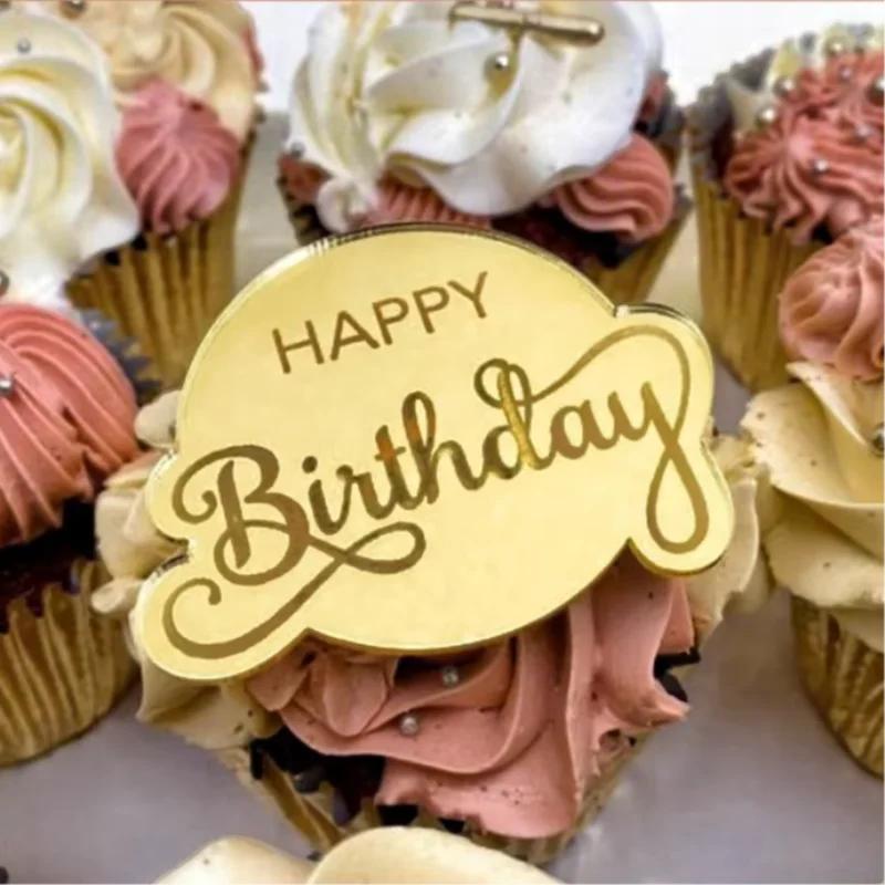 10pcs Acrylic Happy Birthday Cake Toppers Cake Decoration Disc Round Cupcake Toppers for Various Birthday Party Cake Decor
