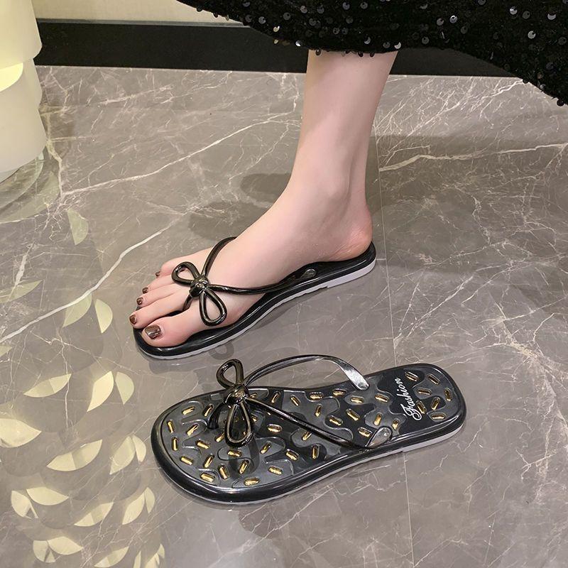 Bow Flip-flops Summer 2025 New Women's Go Out Fashionable Versatile Foot Pinch Jelly Crystal Non-slip Cool Slippers