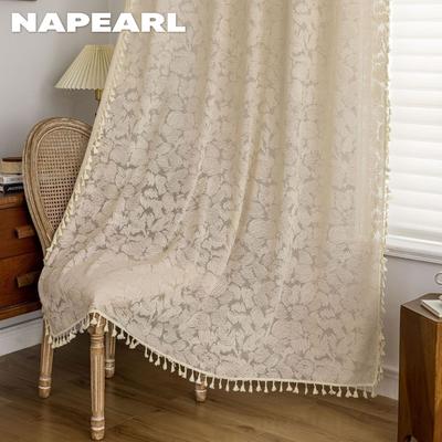 1 STUK Franse Romantische Stijl Tule Beige Holle Rand Jacquard Transparant Gordijn voor Woonkamer Slaapkamer Balkon Raam Huisdecoratie